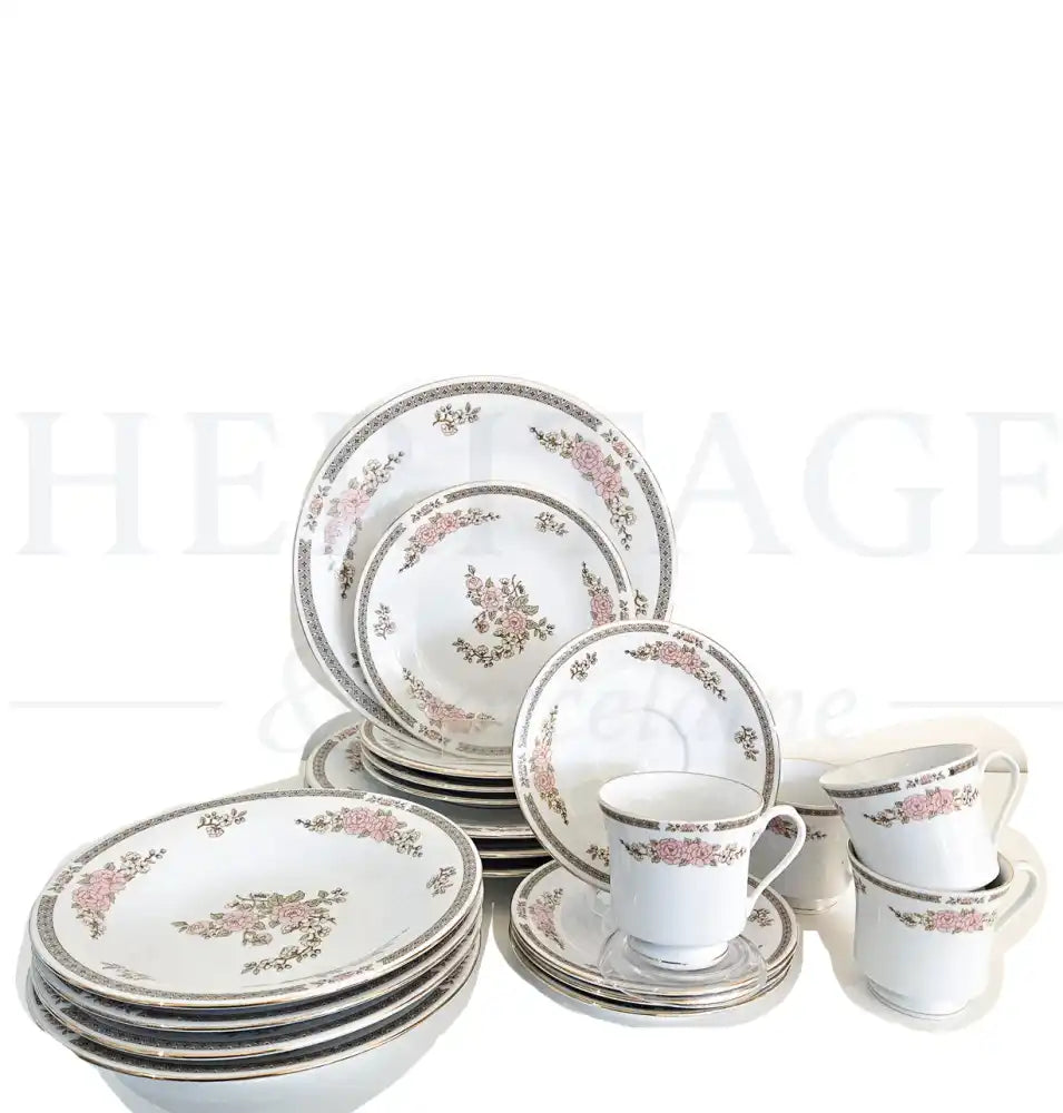 Vintage Floral Mist 20-piece dinnerware set by Fairfield, made in Japan, featuring salad and dinner plates, soup bowls, flat cups and saucers.