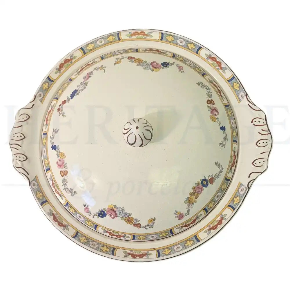 Johnson Brothers Arundale covered vegetable bowl with lid featuring a classic floral pattern.