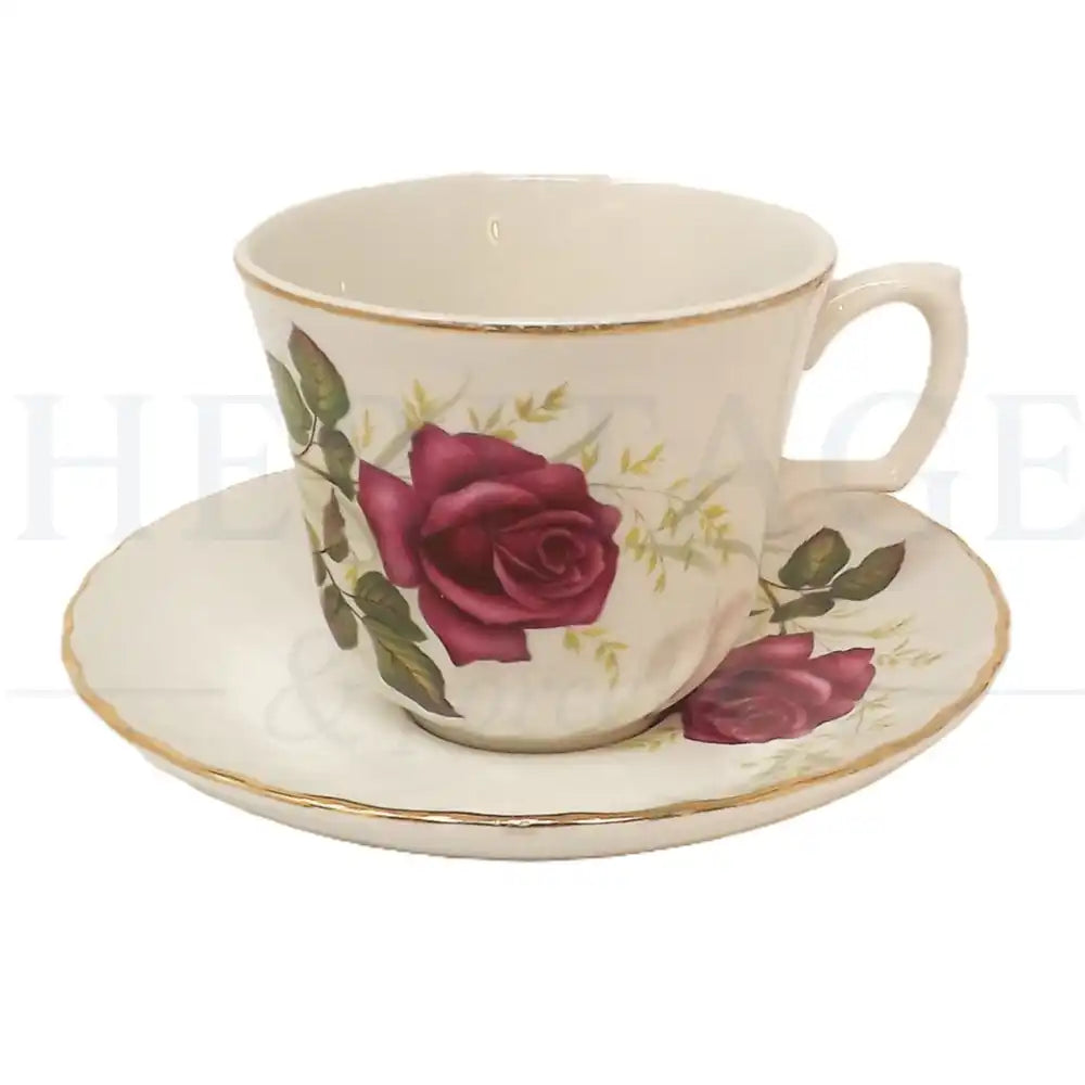 Flat Cup & Saucer Set - Anniversary Rose - England - Flat Cup & Saucer Set