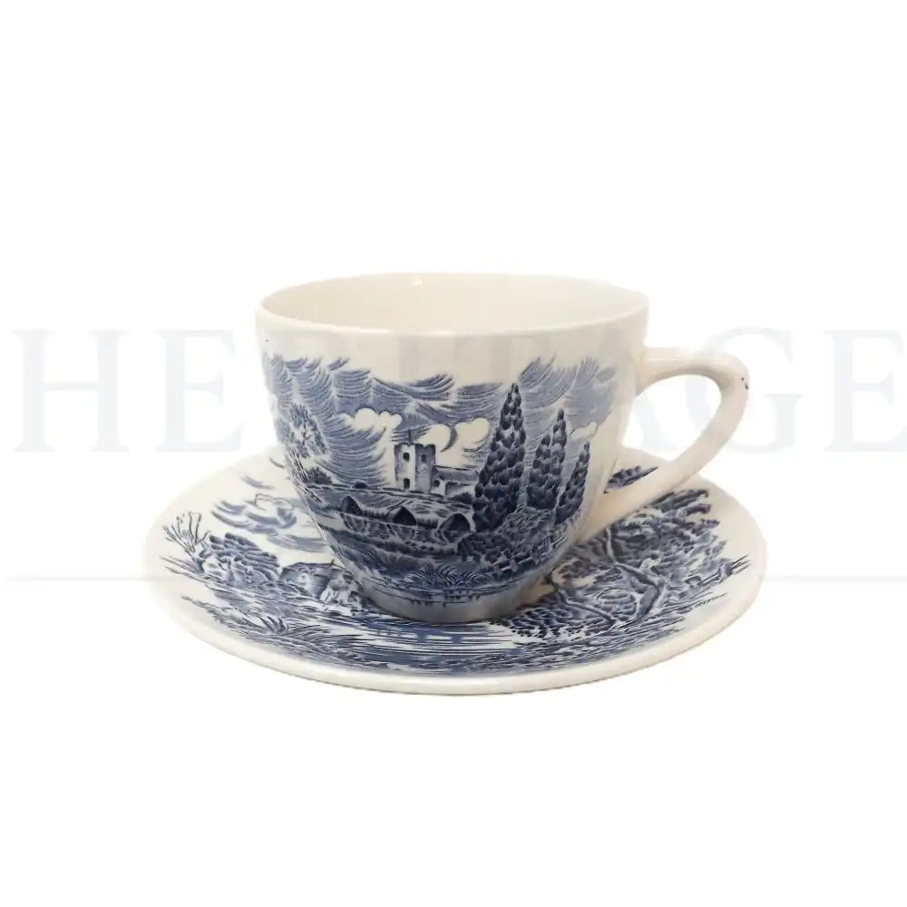 Flat Cup & Saucer Set - Country Side White & Blue - England - Flat Cup & Saucer Set