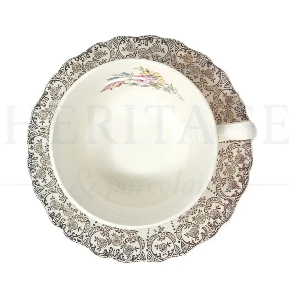 Vintage Golden Fragrance Flat Cup & Saucer Set by Canonsburg, made in the USA, featuring the classic discontinued Golden Fragrance pattern.