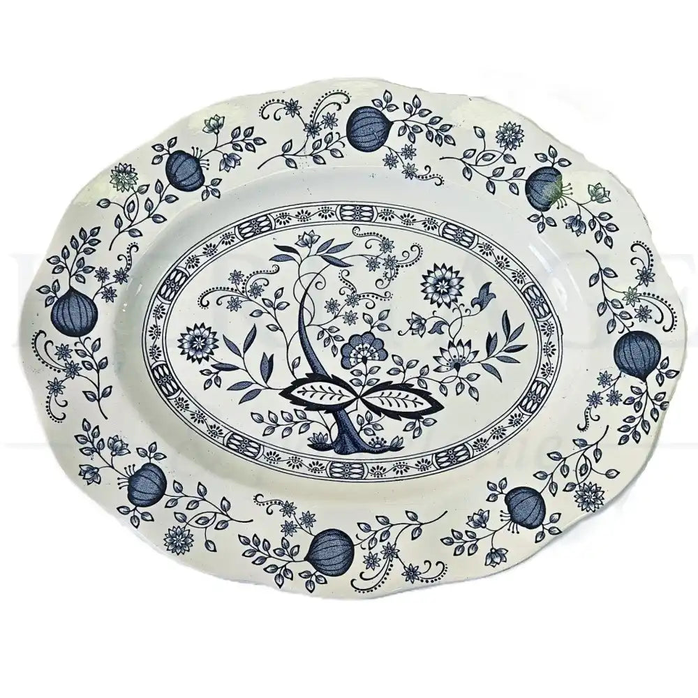 Wedgwood Blue Onion oval serving platter featuring a classic blue and white floral pattern.