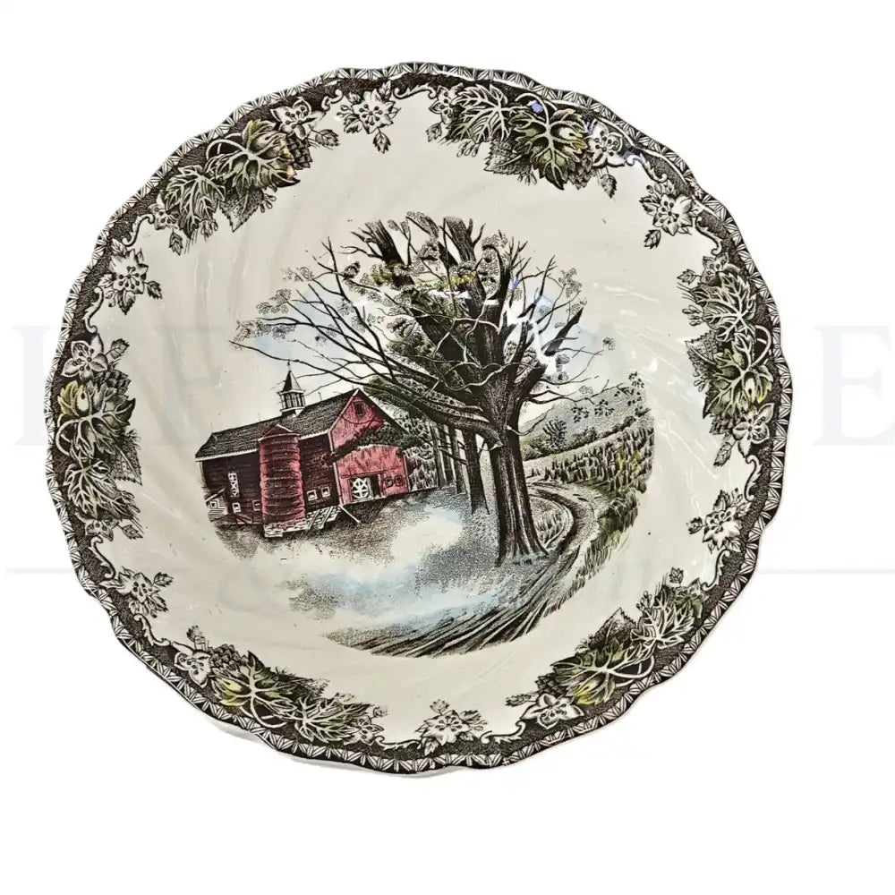 Johnson Brothers Friendly Village round vegetable bowl featuring the classic vintage scenic pattern with a charming English countryside design.