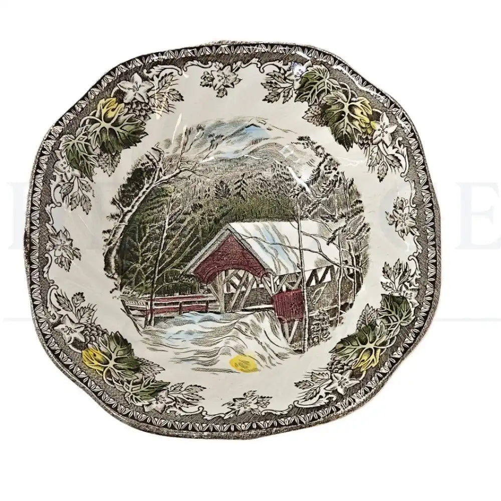 Vintage Johnson Brothers Friendly Village square cereal bowl, made in England. Discontinued collectible replacement piece featuring the classic scenic pattern.