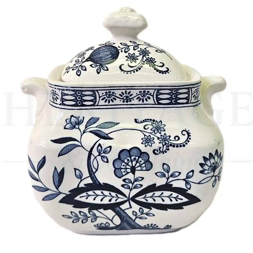 Wedgwood Blue Onion sugar bowl with lid, featuring a classic blue and white floral pattern.