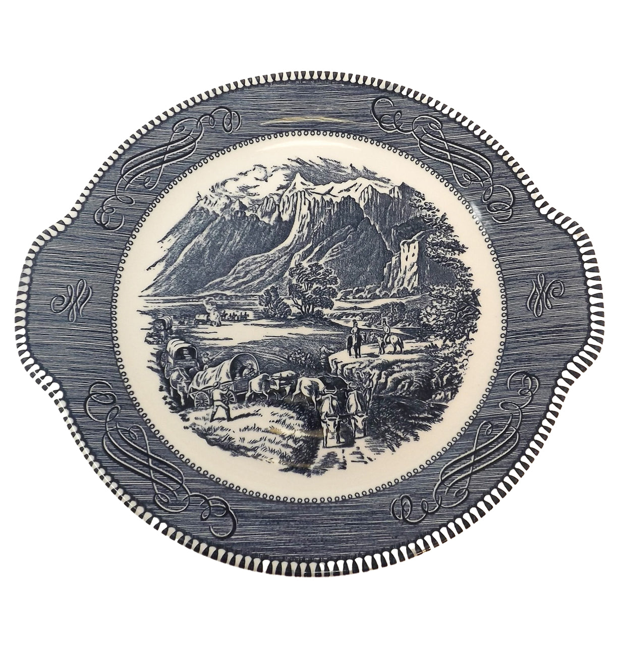 11 1/2" Plat à gâteau avec poignée – Currier & Ives Bleu - Angleterre