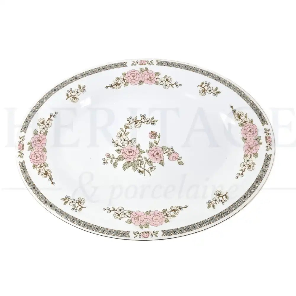 Vintage Floral Mist 14-inch Oval Serving Platter by Fairfield, made in Japan, featuring the delicate floral design of the Floral Mist pattern.