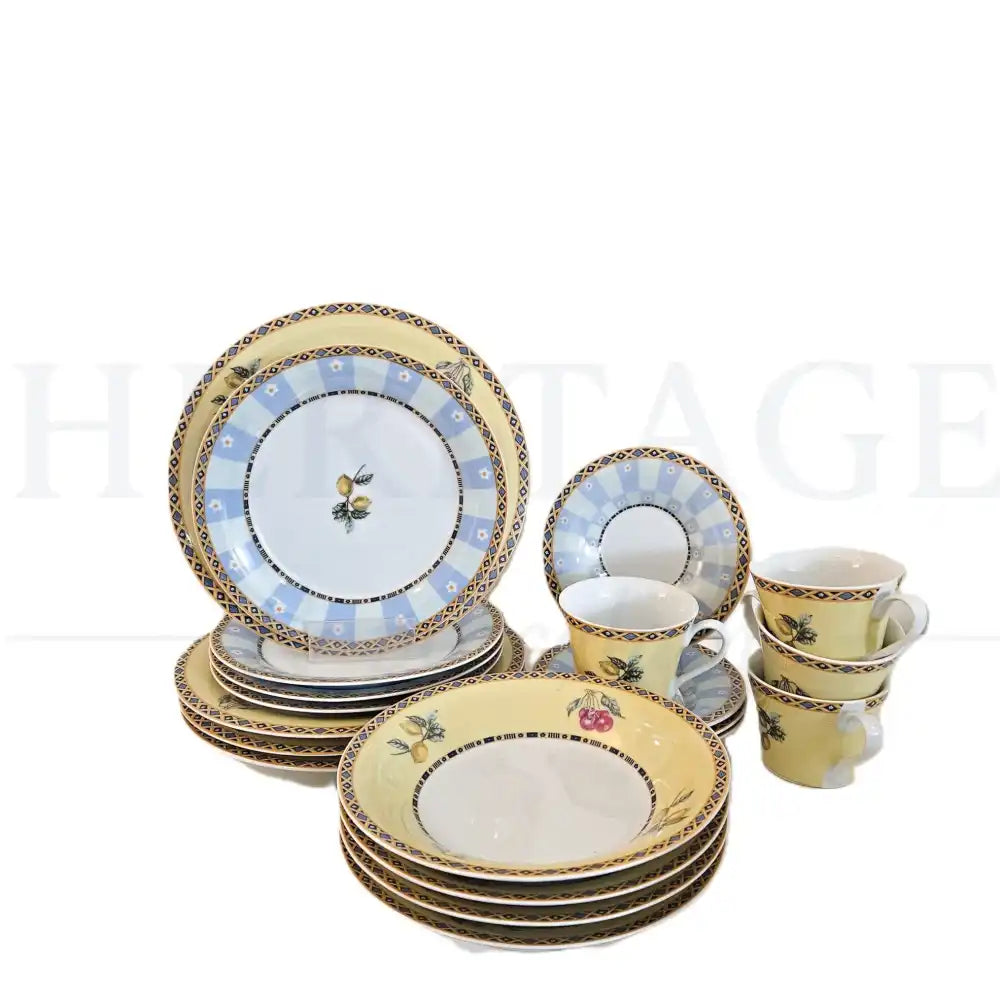 Vintage Royal Heritage Multifruit 20-piece dinnerware set, made in China, including soup bowls, dinner plates, salad plates, cups and saucers.