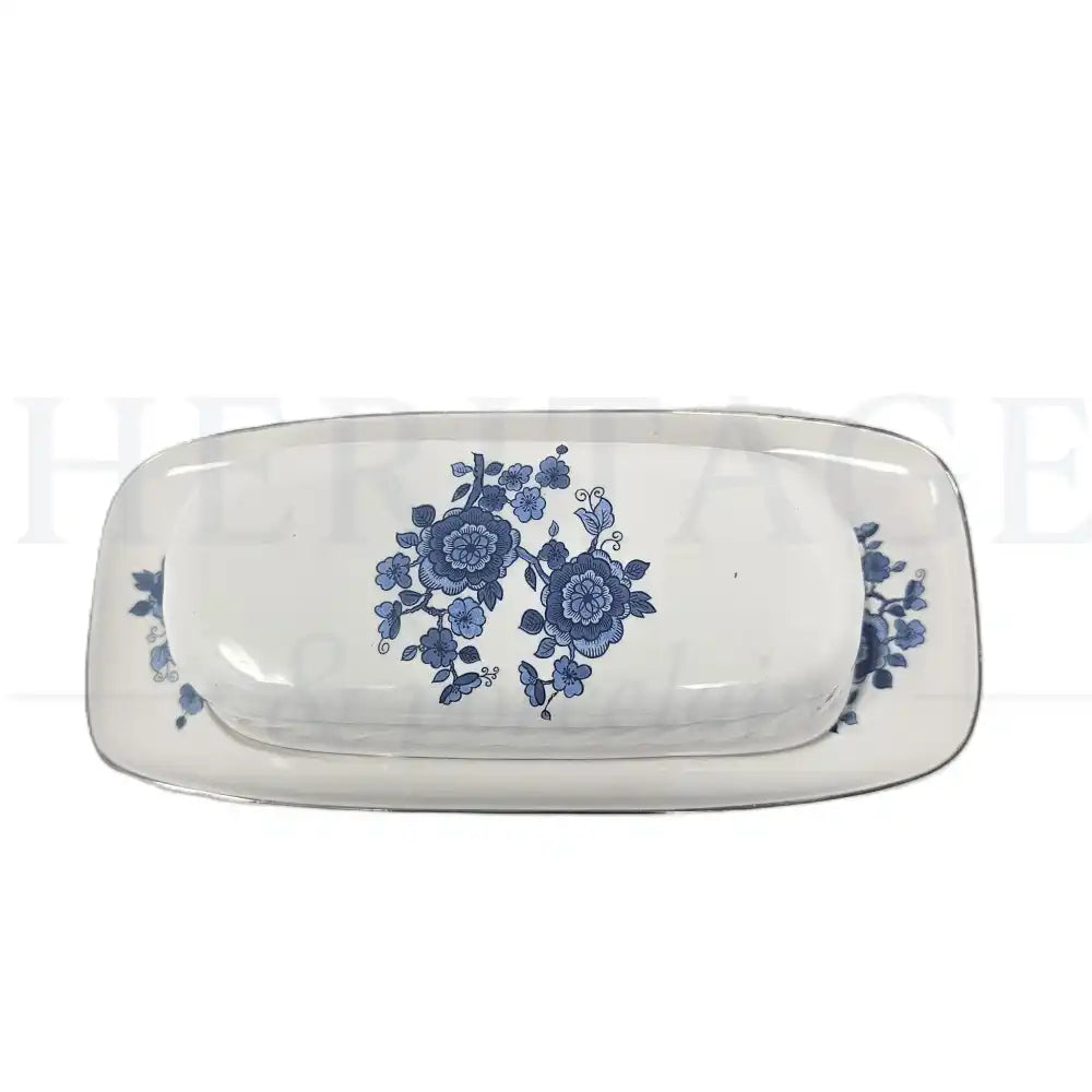 Vintage Royal Blue Butter Dish with Lid by Wedgwood Ironstone, made in England, featuring the classic discontinued Royal Blue pattern.