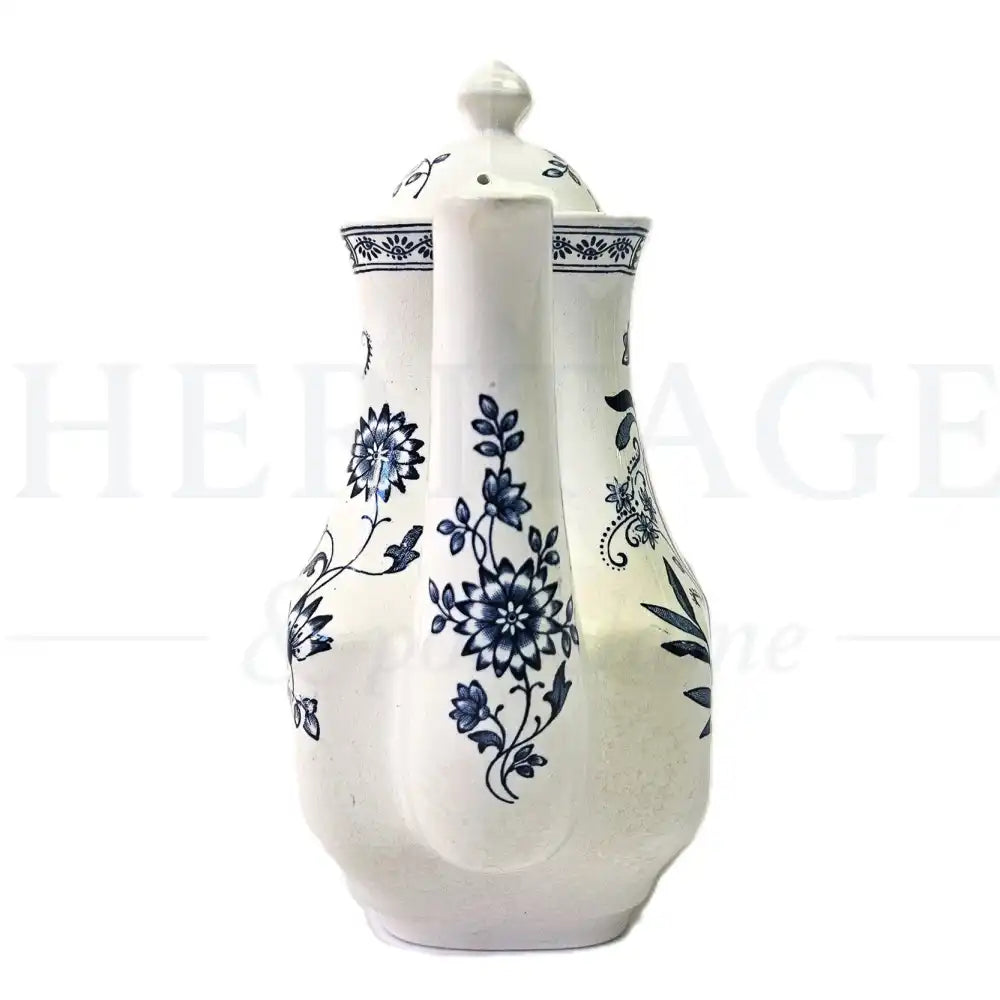 Wedgwood Blue Onion coffee pot with lid featuring a classic blue and white floral pattern.