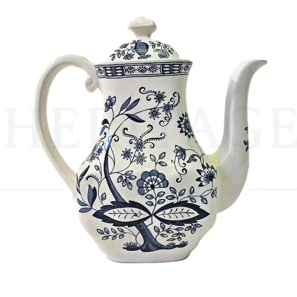 Wedgwood Blue Onion coffee pot with lid featuring a classic blue and white floral pattern.