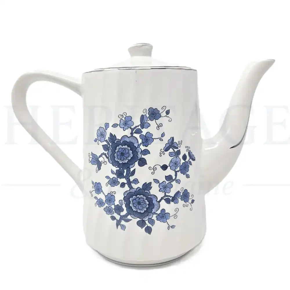 Vintage Royal Blue Coffee Pot with Lid by Wedgwood Ironstone, made in England, featuring the classic discontinued Royal Blue pattern.