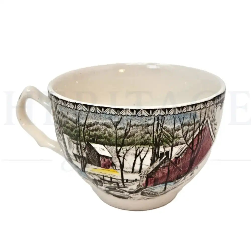 Johnson Brothers Friendly Village flat cup featuring the classic vintage scenic pattern with a charming English countryside design.