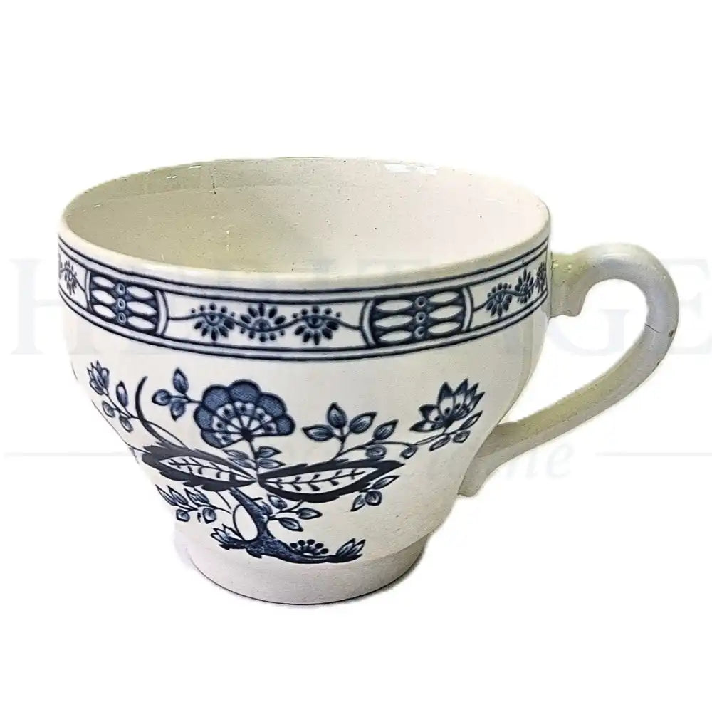 Wedgwood Blue Onion flat cup featuring a classic blue and white floral pattern.