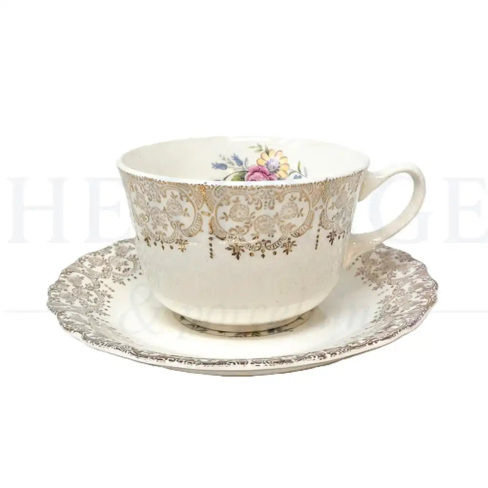Vintage Golden Fragrance Flat Cup & Saucer Set by Canonsburg, made in the USA, featuring the classic discontinued Golden Fragrance pattern.