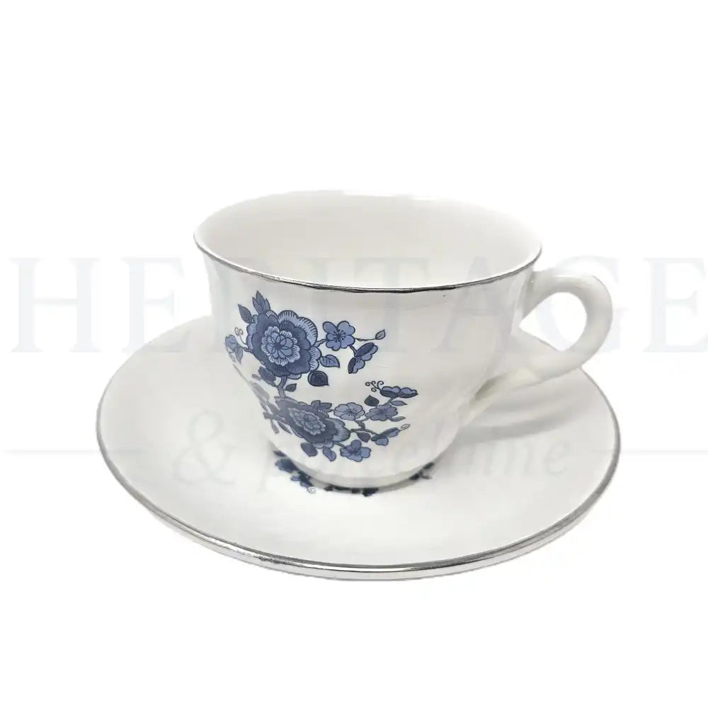 Vintage Royal Blue Flat Cup & Saucer Set by Wedgwood Ironstone, made in England, featuring the classic discontinued Royal Blue pattern.