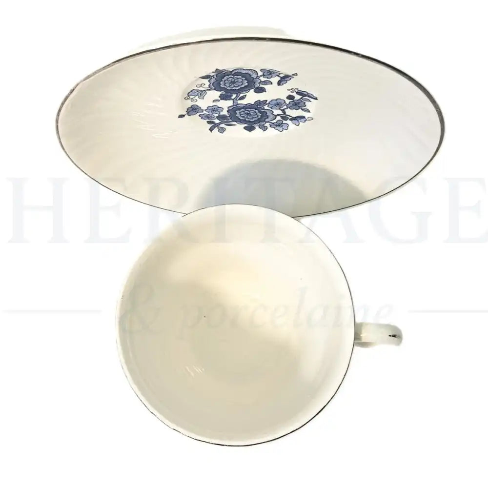 Vintage Royal Blue Flat Cup & Saucer Set by Wedgwood Ironstone, made in England, featuring the classic discontinued Royal Blue pattern.
