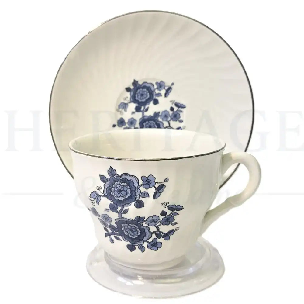 Vintage Royal Blue Flat Cup & Saucer Set by Wedgwood Ironstone, made in England, featuring the classic discontinued Royal Blue pattern.