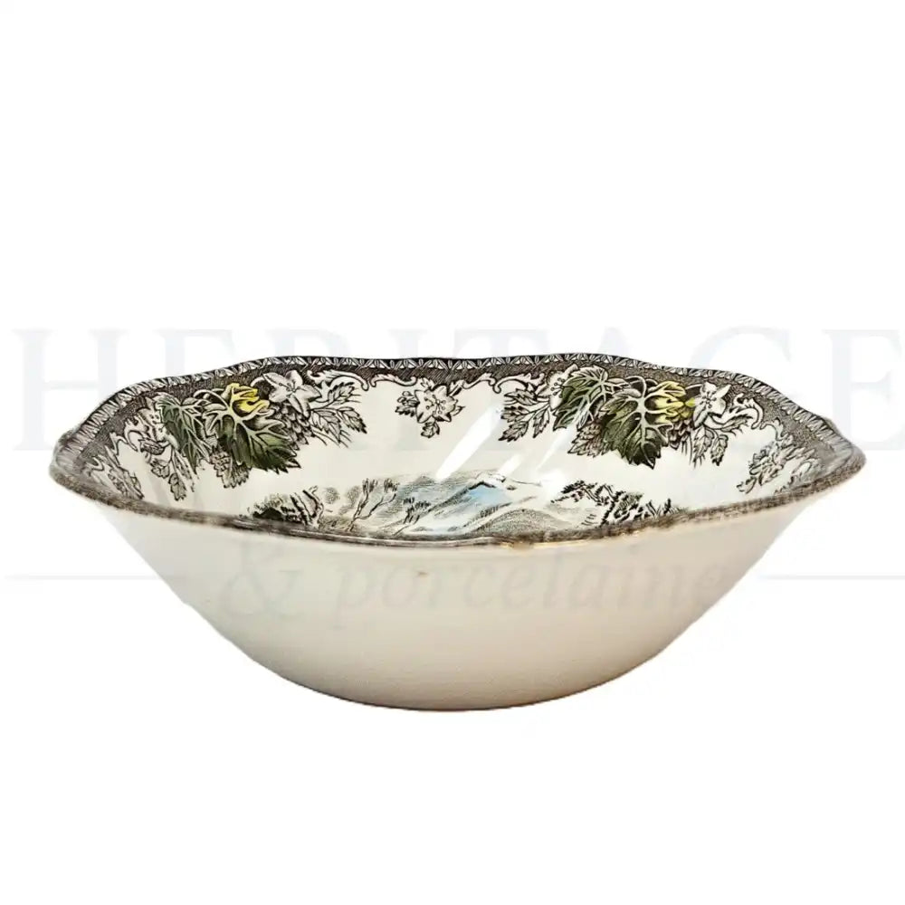 Vintage Johnson Brothers Friendly Village square cereal bowl, made in England. Discontinued collectible replacement piece featuring the classic scenic pattern.