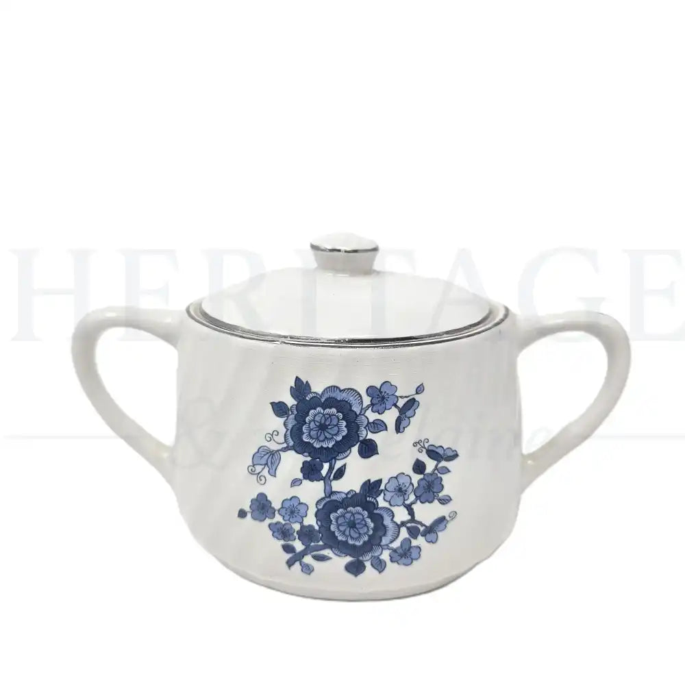 Vintage Royal Blue Sugar Bowl with Lid by Wedgwood Ironstone, made in England, featuring the classic discontinued Royal Blue pattern.