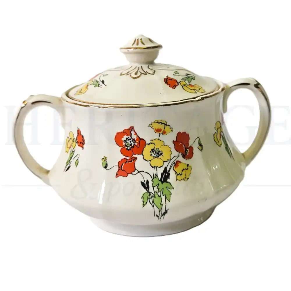 Alfred Meakin Royal Marigold sugar bowl with lid featuring a classic vintage decorative pattern.
